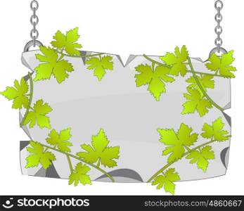 Stone plate in sheet. Flat stone plate with foliage on iron chain