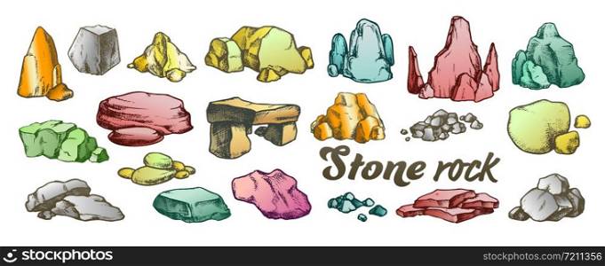 Stone Rock Gravel Collection Color Set Vector. Different Stone, Gravel And Pebble. Natural Rocky Slate Lump Engraving Template Hand Drawn In Retro Style Illustrations. Stone Rock Gravel Collection Color Set Vector