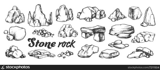 Stone Rock Gravel Collection Monochrome Set Vector. Different Stone, Gravel And Pebble. Natural Rocky Slate Lump Engraving Template Hand Drawn In Retro Style Black And White Illustrations. Stone Rock Gravel Collection Monochrome Set Vector