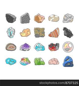 stone rock texture nature icons set vector. surface grey, white mountain, landscape marble, gark grungem natural gravel stone rock texture nature color line illustrations. stone rock texture nature icons set vector