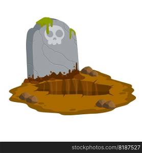 Stone tombstone stands on ground with grave. Celebration of Halloween. Cartoon illustration. Skull on stone. Detail cemetery. Moss on monument. Stone tombstone stands on ground