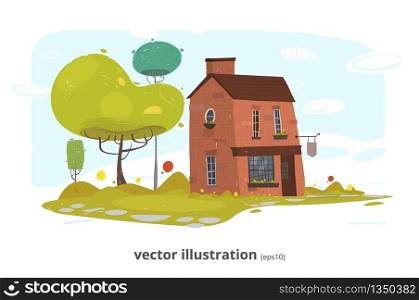 Stone Village Brick Farm House in Forest or Countryside. Suburban Home. Cute Cottage or Villa. Sky with Clouds, Green Trees, Spruces on Field. Natural Eco Friendly Landscape. Vector EPS10 Illustration. Stone Village or Brick Farm House Illustration