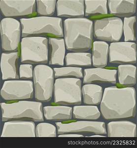 Stone wall from bricks, rock with old moss, game background in cartoon style, seamless textured surface. Ui game asset, road or floor material. Vector illustration
