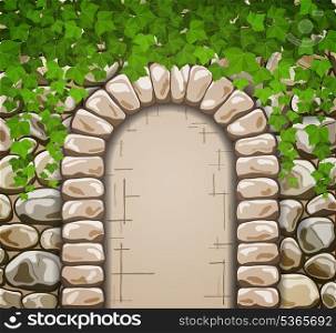 Stone wall with medieval arch and leaves
