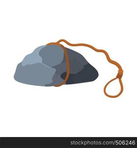 Stone with rope icon in cartoon style on a white background. Stone with rope icon, cartoon style