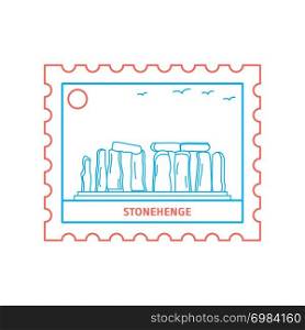 STONEHENGE postage stamp Blue and red Line Style, vector illustration