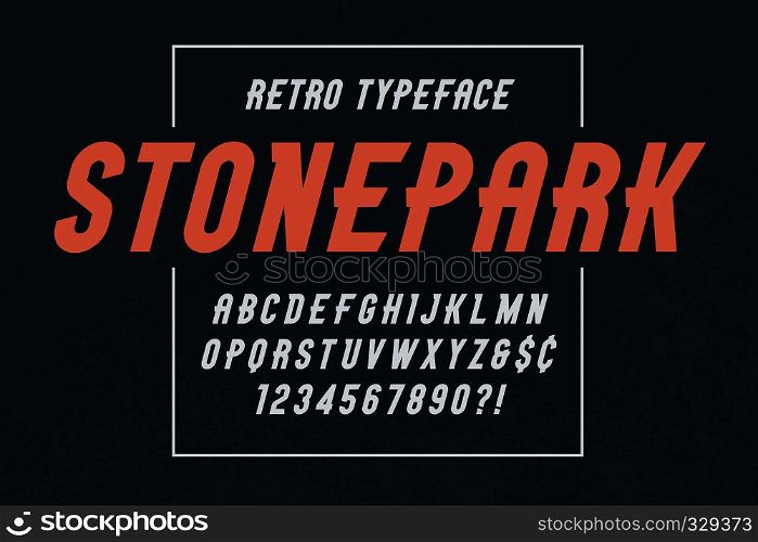 Stonepark trendy vintage display font design, alphabet, typeface, letters and numbers, typography. Vector characters. Stonepark tintage display font design, alphabet, typeface