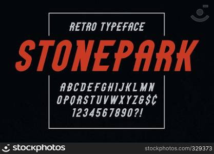 Stonepark trendy vintage display font design, alphabet, typeface, letters and numbers, typography. Vector characters. Stonepark tintage display font design, alphabet, typeface