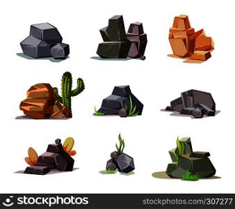 Stones and nature rocks set with cartoon green grass. Vector stone and rock set illustrations isolated on white background. Stones and nature rock set with cartoon green grass isolated on white