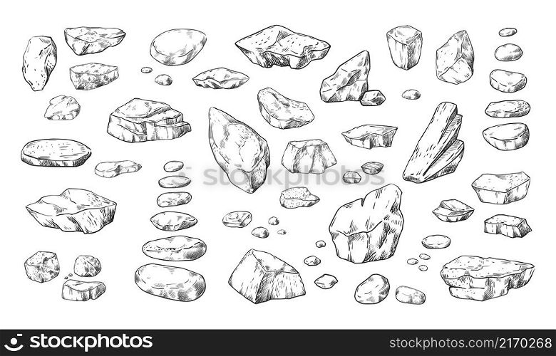 Stones sketch. Hand drawn pebble and boulders in piles. Outline doodle rock structure. Natural material. Rugged cobblestone shapes. Isolated engraving geological elements. Vector granite rubbles set. Stones sketch. Hand drawn pebble and boulders in piles. Outline doodle rock structure. Natural material. Cobblestone shapes. Isolated geological elements. Vector granite rubbles set