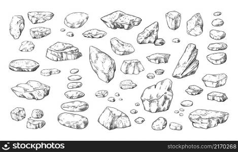 Stones sketch. Hand drawn pebble and boulders in piles. Outline doodle rock structure. Natural material. Rugged cobblestone shapes. Isolated engraving geological elements. Vector granite rubbles set. Stones sketch. Hand drawn pebble and boulders in piles. Outline doodle rock structure. Natural material. Cobblestone shapes. Isolated geological elements. Vector granite rubbles set
