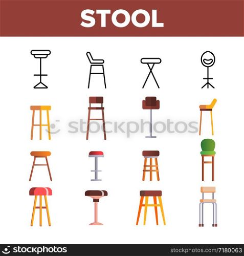 Stool, Sitting Furniture Vector Linear Icons Set. Bar Stool, Furniture And Seating. House Interior Items For Sitting Thin Line Pictograms. Home Trendy Design Elements Flat Illustrations. Stool, Sitting Furniture Vector Linear Icons Set