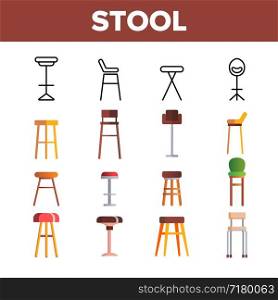 Stool, Sitting Furniture Vector Linear Icons Set. Bar Stool, Furniture And Seating. House Interior Items For Sitting Thin Line Pictograms. Home Trendy Design Elements Flat Illustrations. Stool, Sitting Furniture Vector Linear Icons Set
