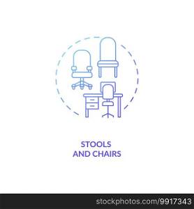 Stools and chairs concept icon. Workplace design idea thin line illustration. Supporting upright posture. Rest and recovery between standing periods. Vector isolated outline RGB color drawing. Stools and chairs concept icon