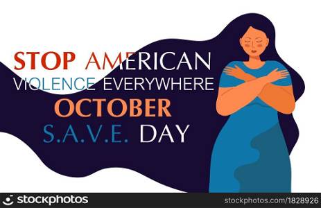 Stop American Violence Everywhere is organized in October. S.A.V.E. Day in USA. Victim scene in society. Stressed person in shame. Flat concept vector of accusation in life, in school. Stop violence.. Stop American Violence Everywhere is organized in October. S.A.V.E. Day in USA.