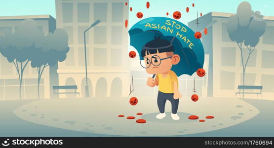 Stop Asian Hate appeal to support community of Asia during covid19 pandemic. Cartoon poster with sad chinese boy stand under rain of falling angry emoji. Racism, bullying and violence vector concept. Stop Asian Hate appeal support community of Asia