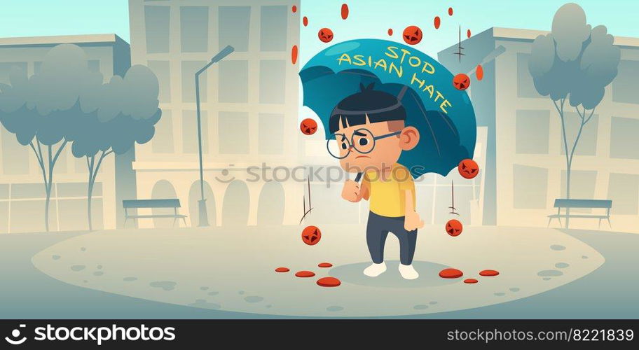 Stop Asian Hate appeal to support community of Asia during covid19 pandemic. Cartoon poster with sad chinese boy stand under rain of falling angry emoji. Racism, bullying and violence vector concept. Stop Asian Hate appeal support community of Asia