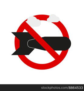 Stop bombing no sign. Falling bomb flat vector illustration isolated on white background.. Stop bombing no sign. Flat vector illustration isolated on white