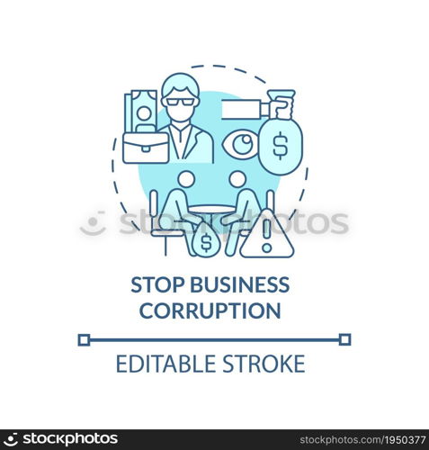 Stop business corruption blue concept icon. Corrupted business abstract idea thin line illustration. Company accused of illegal behaviour. Vector isolated outline color drawing. Editable stroke. Stop business corruption blue concept icon
