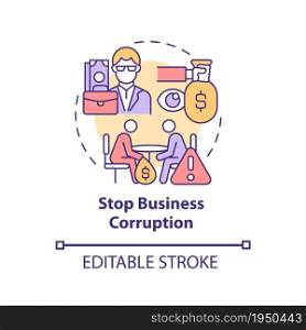Stop business corruption concept icon. Corrupted corporation abstract idea thin line illustration. Company accused of illicit behaviour. Vector isolated outline color drawing. Editable stroke. Stop business corruption concept icon