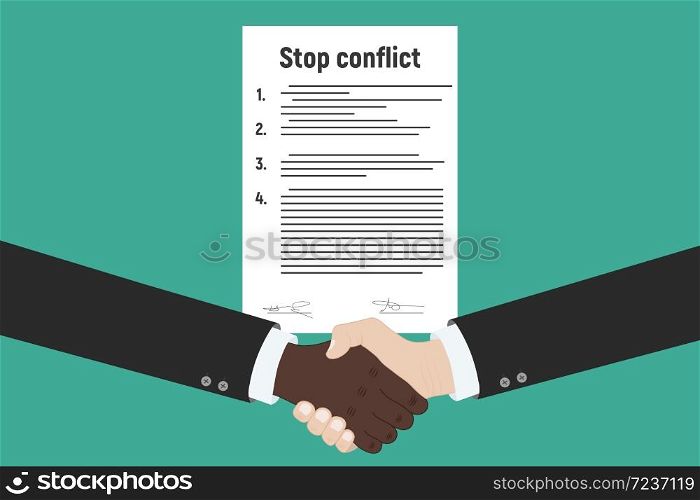 Stop conflict. Businessman referee finds compromise. Conflict and solution. Vector illustration flat design. Isolated on white background. Online conclusion of the transaction.