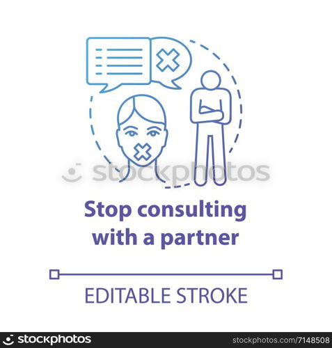 Stop consulting with partner concept icon. Distrust, resentment, indifference in relationship. Silent about problems idea thin line illustration. Vector isolated outline drawing. Editable stroke