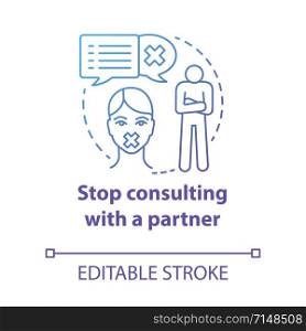 Stop consulting with partner concept icon. Distrust, resentment, indifference in relationship. Silent about problems idea thin line illustration. Vector isolated outline drawing. Editable stroke