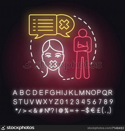 Stop consulting with partner neon light concept icon. Distrust indifference in relationship. Silent about problems idea. Glowing sign with alphabet, numbers and symbols. Vector isolated illustration