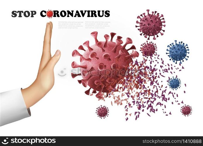 Stop Coranavirus concept background. Hand destroying virus COVID - 19. Vector illustration