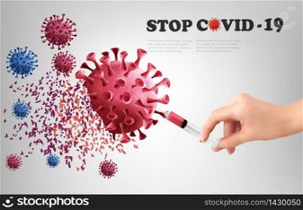 Stop Coranavirus concept background. Hand destroying virus COVID - 19. Vector illustration