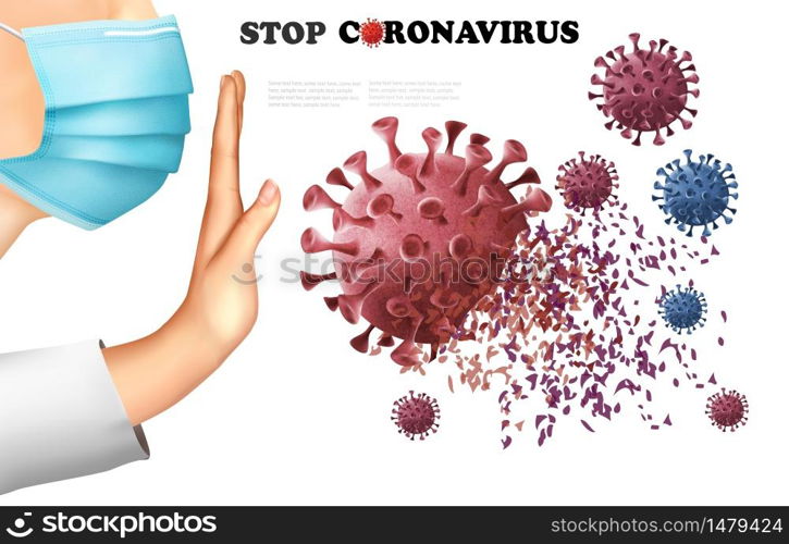 Stop Coranavirus concept background. Hand destroying virus COVID - 19. Vector illustration