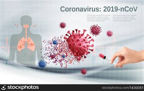 Stop Coranavirus concept. Hand holding syringe with vaccine destroying virus COVID - 19 molecules. Vector illustration