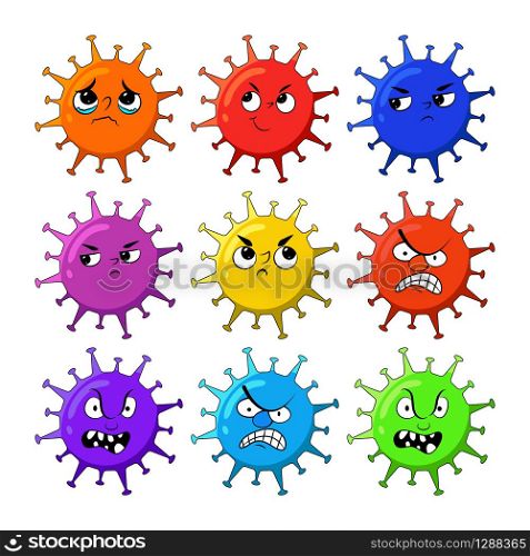 STOP coronavirus (2019-ncov) - cute virus or bacterium Coron avirus in China. Novel coronavirus (2019-nCoV). Concept of corona-virus quarantine. Corona Virus with Evil and sad Face Mascot Character Cartoon Vector