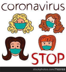 Stop coronavirus, women in medical masks, concept of people protection against new pandemic threats such as viruses, coronaviruses and other infections that are dangerous to humanity, vector illustration