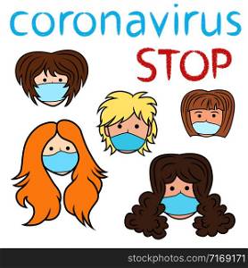 Stop coronavirus, women in protective medical mask on white background, concept of people protection against new pandemic threats such as viruses, coronaviruses and other infections that are dangerous to humanity, vector illustration