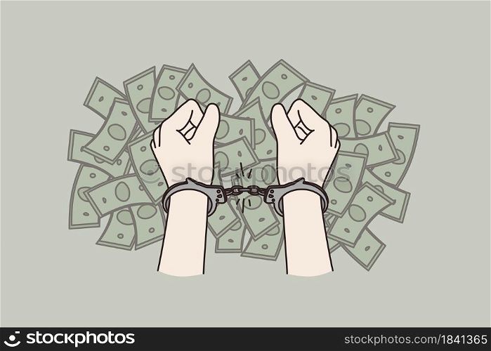Stop corruption and financial crime concept. Human hands in handcuffs over heaps of money cash bribe corruption vector illustration . Stop corruption and financial crime concept