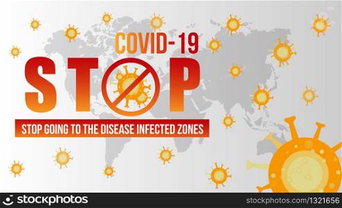 Stop Covid-19 Sign & Symbol concept with world map 2019-nCoV symptoms in Wuhan China Travel or vacation warning with air plane and quarantine with protective icon sign. Prevention design background.