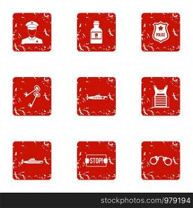 Stop crime icons set. Grunge set of 9 stop crime vector icons for web isolated on white background. Stop crime icons set, grunge style