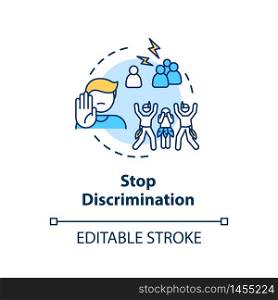 Stop discrimination concept icon. Support cultural diversity. Respect for multi racial community. Human right idea thin line illustration. Vector isolated outline RGB color drawing. Editable stroke. Stop discrimination concept icon