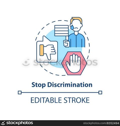 Stop discrimination concept icon. Unjust treatment. Dealing with lgbt issue abstract idea thin line illustration. Isolated outline drawing. Editable stroke. Arial, Myriad Pro-Bold fonts used. Stop discrimination concept icon