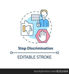 Stop discrimination concept icon. Unjust treatment. Dealing with lgbt issue abstract idea thin line illustration. Isolated outline drawing. Editable stroke. Arial, Myriad Pro-Bold fonts used. Stop discrimination concept icon