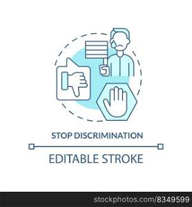 Stop discrimination turquoise concept icon. Unjust treatment. Dealing with lgbt issue abstract idea thin line illustration. Isolated outline drawing. Editable stroke. Arial, Myriad Pro-Bold fonts used. Stop discrimination turquoise concept icon