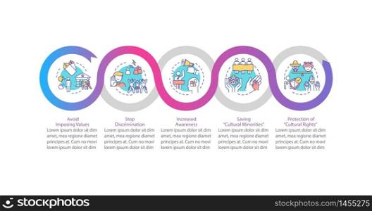 Stop discrimination vector infographic template. Respect for race presentation design elements. Data visualization with 5 steps. Process timeline chart. Workflow layout with linear icons. Stop discrimination vector infographic template