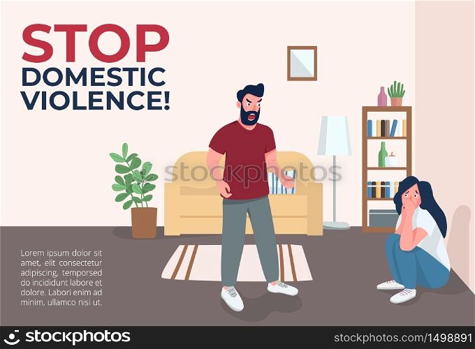 Stop domestic violence banner flat vector template. Family abuse brochure, poster concept design with cartoon characters. Harassment victims support horizontal flyer, leaflet with place for text. Stop domestic violence banner flat vector template