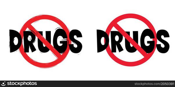 Stop drug addiction, no drugs. Concept for Red ribbon. Forbidding syringe, tobacco, and other drug, drugs addict, cocaine, heroin, crack, prevention concept. Drug free zone. For school or work.