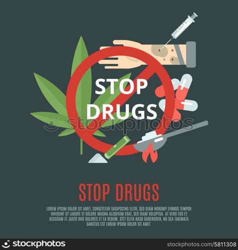 Stop drugs concept with marijuana leaf syringe and pills flat icons set vector illustration. Stop Drugs Concept
