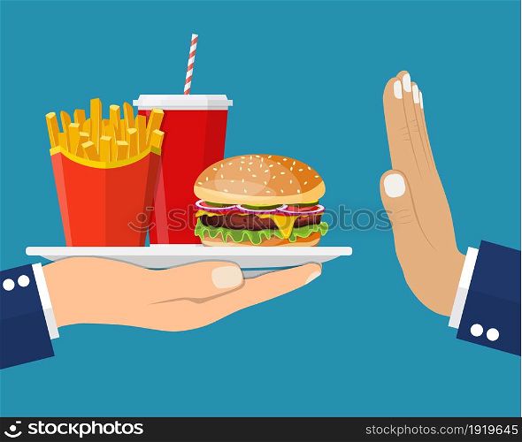 Stop fast food junk snacks concept with refusing hand. Fast food and soda beverage. fast food breakfast. Vector illustration in flat style. Stop fast food junk snacks concept