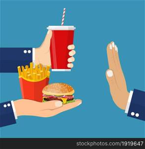 Stop fast food junk snacks concept with refusing hand. Fast food and soda beverage. fast food breakfast. Vector illustration in flat style. Stop fast food junk snacks concept