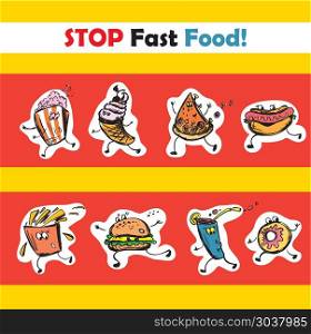 Stop fast food. Stop fast food.hand drawing, vector illustration.. Stop fast food