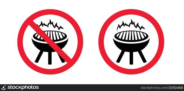 Stop, forbidden roaster bbq, grill to ead food allowed. No ban zone sign. No Barbecue with fire sign. Do not picnic party. Warning banner. forbid, No campfire flame.